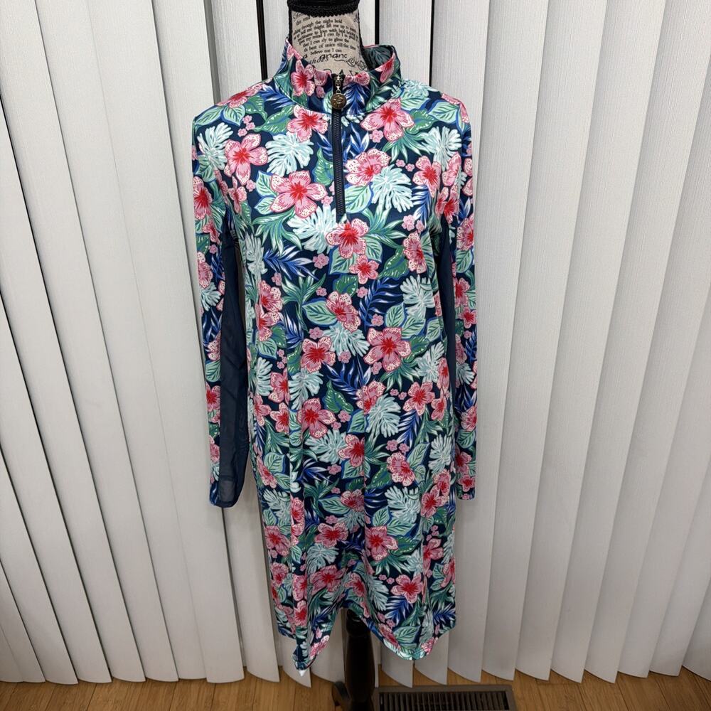 Stella Parker Floral UPF 50 Sheath Mock Neck Dress Pink Blue Long Sleeves Sz M - Picture 2 of 7